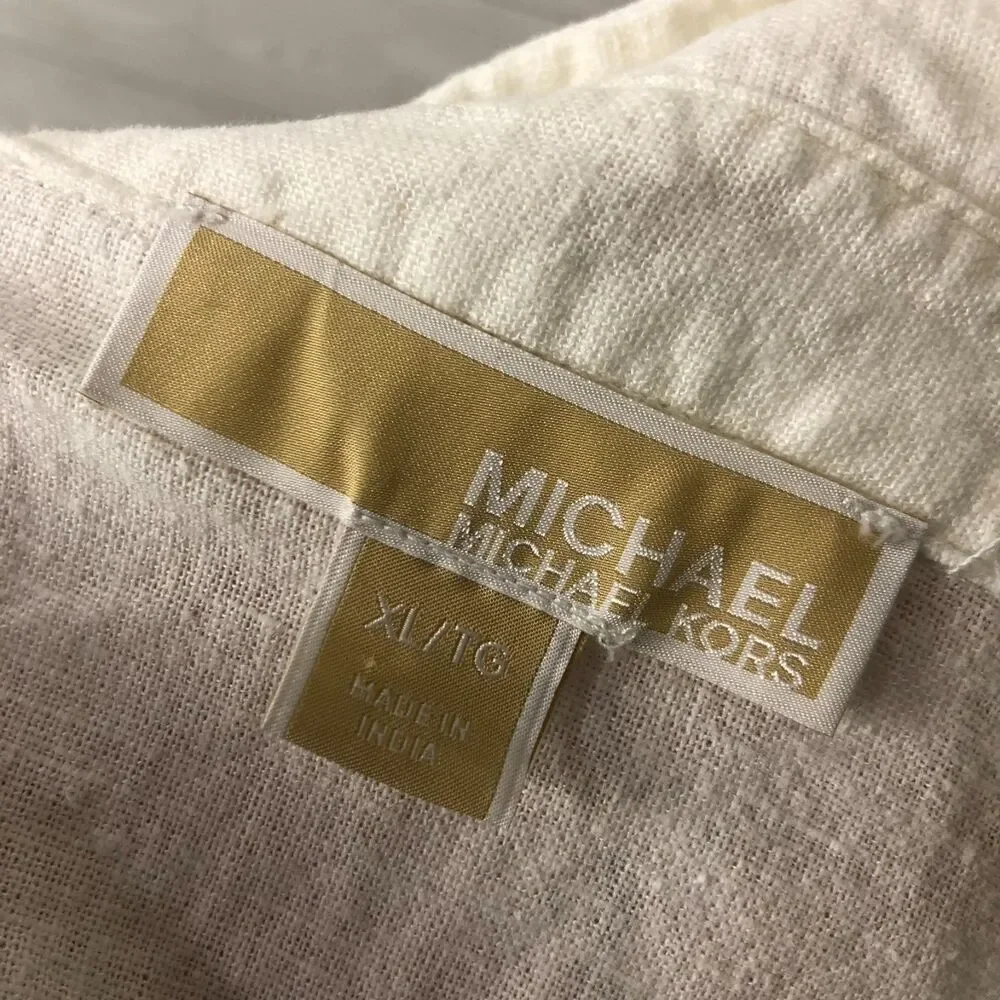 MICHAEL Michael Kors Women's XL Linen Blend Long Sleeve Button Front Shirt White